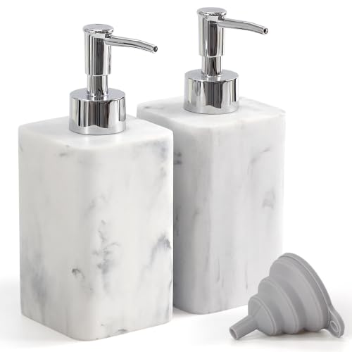 2 pcs Hand Soap Dispenser Set, 11oz Refillable Resin Liquid Soap Dispensers with Rustproof Pump, Lotion Dispenser Includes Silicone Funnel for Bathroom Countertop or Kitchen, Marble-Effect - color: Marble White