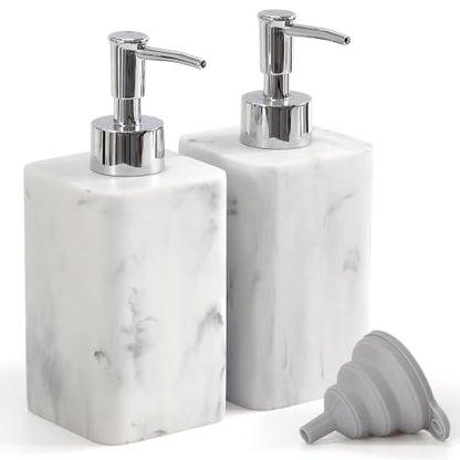 2 pcs Hand Soap Dispenser Set, 11oz Refillable Resin Liquid Soap Dispensers with Rustproof Pump, Lotion Dispenser Includes Silicone Funnel for Bathroom Countertop or Kitchen, Marble-Effect - color: Marble White