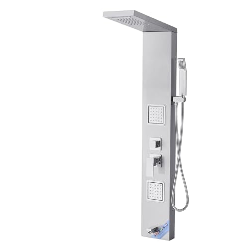 VEVOR Shower Panel Tower System with Rainfall Waterfall Shower Head, 53 in Brushed Stainless Steel Shower Column, 5-Function Faucet, Wall-Mount Rain Massage System with 2 Body Jet, Handheld, Tub Spout