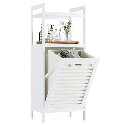HITNET Bamboo Tilt Out Hamper, 10 Gal Bathroom Laundry Cabinet with Hidden Foldable Basket, Freestanding Clothes Storage Organizer with Storage Shelf, White - color: White