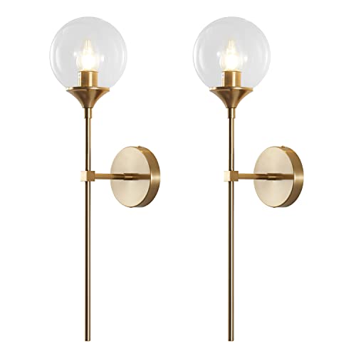 KCO 2 Pack Mid Century Modern Brass Gold Clear Glass Globe Wall Sconce | Reversible Up/ Down Mount, Long Rod Wall Lamp, Hardwired E26 Vanity Wall Light Fixture for Bedroom Bathroom Hallway Stairwell - color: Clear