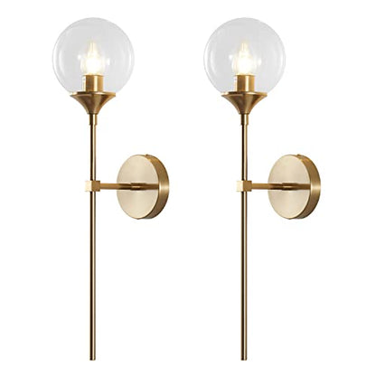 KCO 2 Pack Mid Century Modern Brass Gold Clear Glass Globe Wall Sconce | Reversible Up/ Down Mount, Long Rod Wall Lamp, Hardwired E26 Vanity Wall Light Fixture for Bedroom Bathroom Hallway Stairwell - color: Clear