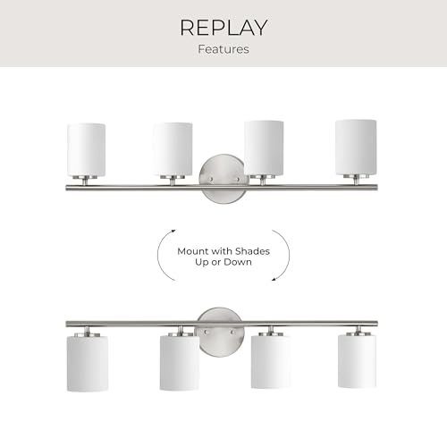 Progress Lighting 4-Light Etched White Glass Modern Bath Vanity Light, Replay Collection, Brushed Nickel (P2160-09) - color: Brushed Nickel, size: 4-Light