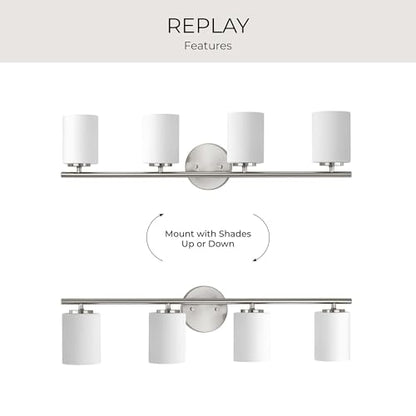 Progress Lighting 4-Light Etched White Glass Modern Bath Vanity Light, Replay Collection, Brushed Nickel (P2160-09) - color: Brushed Nickel, size: 4-Light