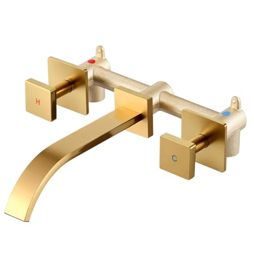 ALEASHA Wall Mounted Bathroom Sink Faucet, Brushed Gold Bathroom Faucet | Waterfall Bathroom Sink Faucet with Two Handles, Controllable Heat and Cold, Solid Brass Wall-Mount Washroom Faucets - color: Brushed Gold