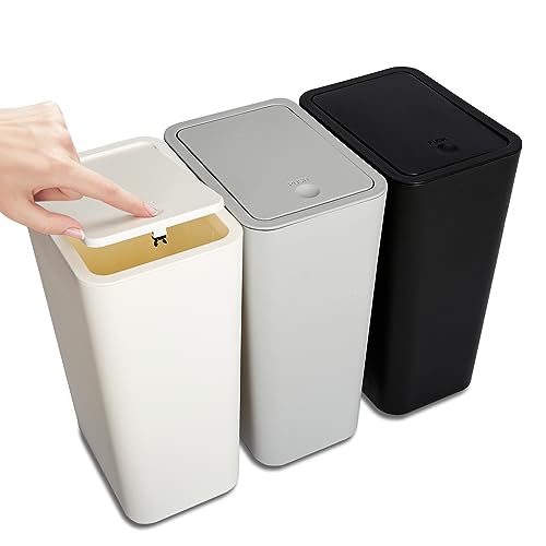 N. NETDOT 3 Pack 10L / 2.6 Gallon Small Trash Can with Lid,Bathroom Garbage Can with Pop-Up Lid,Waste Basket for Bathroom,Kitchen,Bedroom,Powder Room,Office,College (Black-Grey-Off White) - color: Black-Grey-Off White, size: 3 X 2.6 Gal