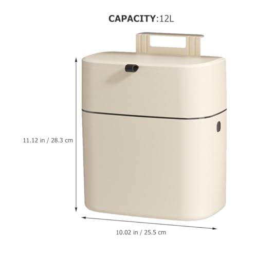 KOMBIUDA 12l Hanging Trash Can with Lid, Wall-Mounted Sealed Garbage Bin for Kitchen and Bathroom, No-Drill Installation, Plastic Waste Container in Light Beige for Home Organization