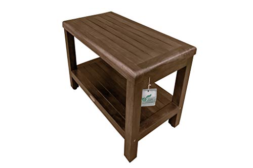 DecoTeak Eleganto 24" Teak Shower Bench with Shelf, Waterproof Seat | Shower bench with adjustable feet and non-slip rubber pads provides stable support on wet or uneven shower floors - size: 24" Length x 14" Width x 18" Height