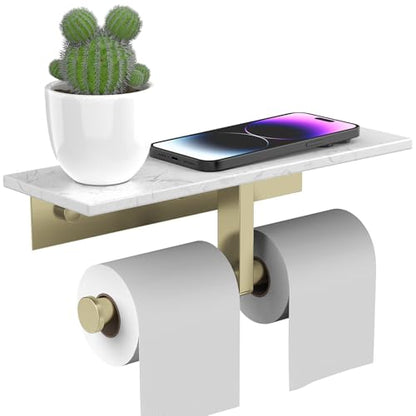 BWE Double Toilet Paper Holder with Shelf Wall Mounted Tissue Roll Holder | Commercial Toilet Paper Dispenser for Bathroom Marble Toilet Paper Storage Holder with Phone Shelf (Brushed Gold) - color: Double Brushed Gold