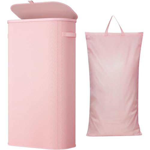 Lifewit Slim Laundry Basket with Lid, Narrow Large Laundry Hamper with Plastic Handles and Removable Bag, Tall Foldable Dirty Clothes Hampers for Laundry Room, Bedroom, Bathroom, Dorm, 75L Pink - color: Pink, size: 75L