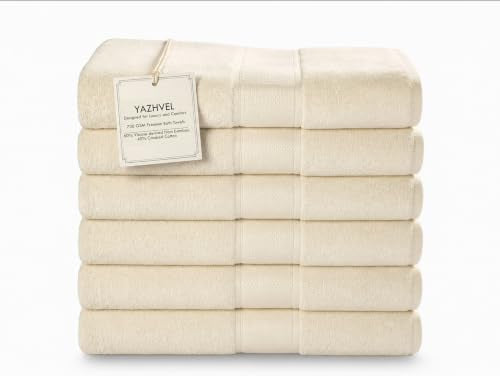 Bamboo Viscose Bath Towel Set Terry - Pack of 6 - Ivory - 30 x 60 in – 60% Viscose Derived from Bamboo 40% Cotton – 730 GSM Plush & Soft Feel - Oeko-TEX Certified - Spa-Luxe Drying Comfort - color: Ivory