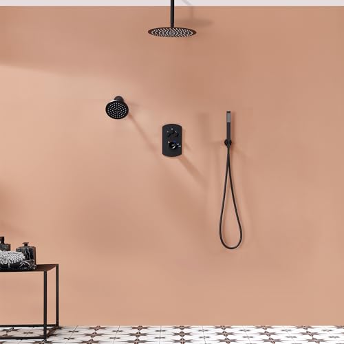 MONDAWE 12 Inch Ceiling Mounted Black Shower System, Dual Rainfall Shower Head & High Pressure Handheld Spray Combo, 3-Function Luxury Shower Faucet Set for Bathroom, All Functions Work Simultaneously - color: Matte Black
