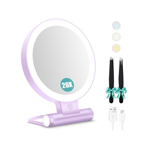 Magnifying Mirror with Light 30X, Double-Sided 1X/30X Magnifying Makeup Mirror with Tweezer, 2000mAh 3 Colour Modes with Adjustable Brightness,Foldable Travel Mirror(Purple) - color: Purple