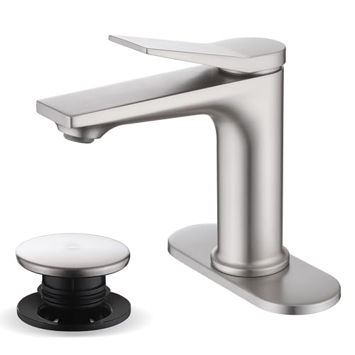 Rbrohant Single Hole Bathroom Faucet, Brushed Nickel Single Handle Bathroom Sink Faucets for 1 Hole, Bathroom Vanity Faucet with Pop up Drain and Cover Plate, Deck Mount, R2001-BNP - color: Brushed Nickel, style: With Escutcheon