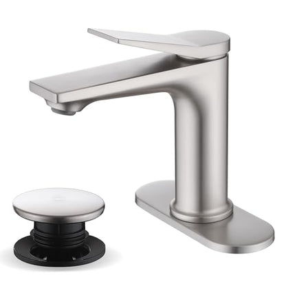 Rbrohant Single Hole Bathroom Faucet, Brushed Nickel Single Handle Bathroom Sink Faucets for 1 Hole, Bathroom Vanity Faucet with Pop up Drain and Cover Plate, Deck Mount, R2001-BNP - color: Brushed Nickel, style: With Escutcheon