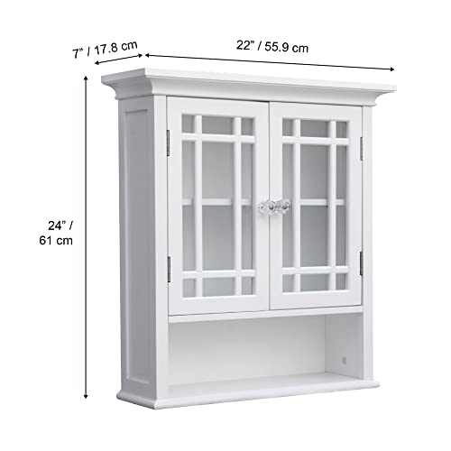 Teamson Home Neal Wooden Over The Toilet Bathroom Removable Wall Medicine Cabinet with 1 Fixed and 1 Adjustable Shelf 3 Storage Spaces 2 Glass Mosaic Doors and Crystal-Cut Acrylic Knobs, White | Detachable Over the Toilet Storage, Two Doors, Adjustable Sh