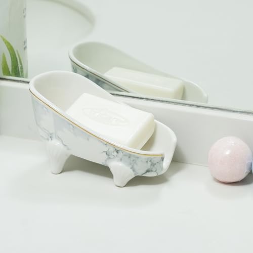5.5" Self Draining Mini Bathtub Soap Dish, Ceramic Bar Soap Holder with Drain, Marble Pattern Decorative Soap Saver for Shower, Bathroom & Kitchen Sink, Keep Soap Dry, Easy to Clean