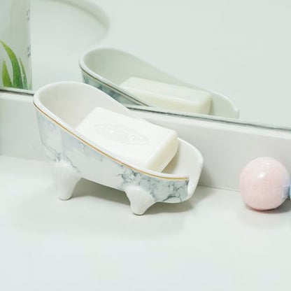 5.5" Self Draining Mini Bathtub Soap Dish, Ceramic Bar Soap Holder with Drain, Marble Pattern Decorative Soap Saver for Shower, Bathroom & Kitchen Sink, Keep Soap Dry, Easy to Clean