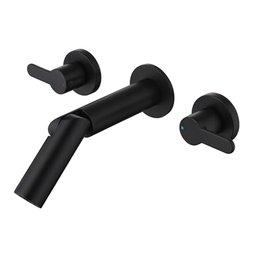 Wall Mount Bathroom Faucet Matte Black,Solid Brass Wall Mounted Sink Faucet,Widespread 3 Holes 2 Lever Handles Lavatory Vessel Sink Mixer Tap with Foldable Spout - color: Matte Black