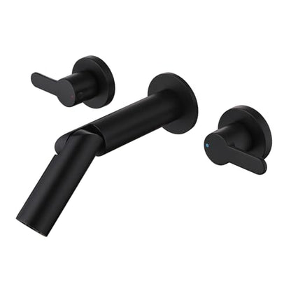 Wall Mount Bathroom Faucet Matte Black,Solid Brass Wall Mounted Sink Faucet,Widespread 3 Holes 2 Lever Handles Lavatory Vessel Sink Mixer Tap with Foldable Spout - color: Matte Black