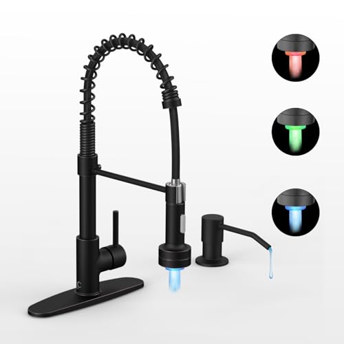 Bronze Kitchen Faucet with Sprayer, Kitchen Faucet with Soap Dispenser,Ktchen Faucets with Pull Down Sprayer,Single Hole Kitchen Sink Faucet with LED light,Oil Rubbed Faucet for Kitchen Sink - color: F-Oil Rubbed Bronze, style: Rustic