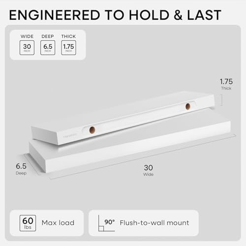 White Floating Shelves 30 inch, High End Solid Real Wood 30inch Floating Shelf for Wall Mounted, White Wooden 30in Long Floating Shelves, Heavy Duty Bracket, 30 X 6.5 X 1.75 inches, Set of 2 - color: Classic White - Soft Neutral Satin, size: 30 inch