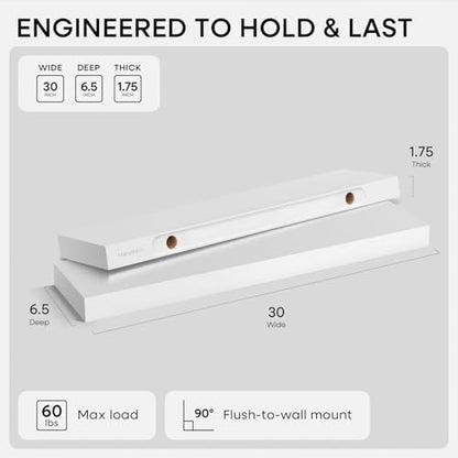 White Floating Shelves 30 inch, High End Solid Real Wood 30inch Floating Shelf for Wall Mounted, White Wooden 30in Long Floating Shelves, Heavy Duty Bracket, 30 X 6.5 X 1.75 inches, Set of 2 - color: Classic White - Soft Neutral Satin, size: 30 inch