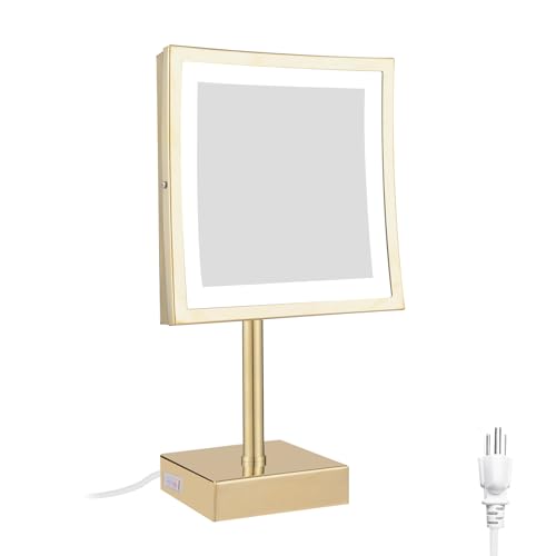 DOWRY Tabletop LED Lighted 5X Magnifying Makeup Mirror Square with Plug 8 Inch Polished Gold Finished - color: Gold