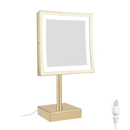 DOWRY Tabletop LED Lighted 5X Magnifying Makeup Mirror Square with Plug 8 Inch Polished Gold Finished - color: Gold