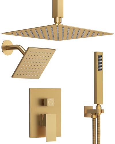 Brushed Gold 3-Function Shower System with 10" Rainfall & 6" Secondary Shower Head, Handheld Combo Set, Wall Mounted cUPC Certified Pressure Balance Valve - color: brushed gold