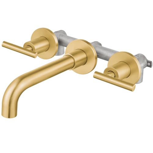 Airuida Wall Mounted Bathroom Sink Faucet,Brushed Gold Vanity Sink Faucet | Lever Handle,3 Holes,360° Widespread Swivel Spout,Rotatable Bathroom Faucet - color: Brushed Gold