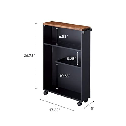 YAMAZAKI Home Slim Rolling Storage Cart – Narrow Bathroom Storage Cabinet with Handle, Slim Bathroom Storage Cart with Wheels, Easy Assembly, Steel + Wood, Black - color: Black