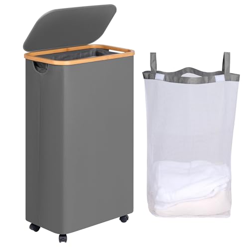 efluky Slim Laundry Basket with Wheels, Tall Rolling Laundry Hamper with Lid and Removable Bag, Aesthetic Dirty Clothes Hamper on Wheels for Laundry Room, Bedroom, Dorm and Bathroom,75L Grey - color: Grey, size: 75L