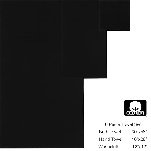 COTTON CRAFT Euro Spa Waffle Weave 6 Piece Towel Set - 100% Cotton - Black | 2 Oversized Luxurious Large Bath Towels, 2 Hand Towels, 2 Washcloths - Soft Plush Super Absorbent Low Lint Quick Dry - color: Black, size: 6 Piece Towel Set