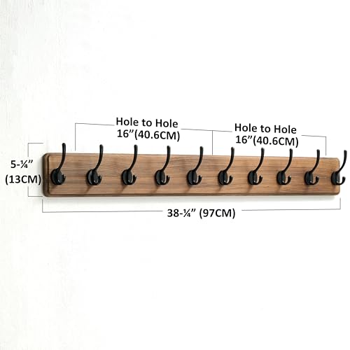 Wall Mounted Coat Rack: 38-1/4" Long, Patented, Heavy-Duty, 10-Double-Hooks Wooden Hanger Rail for Winter Coats, Hats, Jackets, Clothing - Natural & Black, Pack of 2 - color: Natural & Black, size: L=38.3"(2pcs)