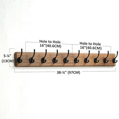 Wall Mounted Coat Rack: 38-1/4" Long, Patented, Heavy-Duty, 10-Double-Hooks Wooden Hanger Rail for Winter Coats, Hats, Jackets, Clothing - Natural & Black, Pack of 2 - color: Natural & Black, size: L=38.3"(2pcs)