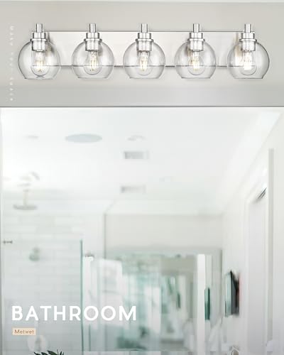 5-Light Brushed Nickel Bathroom Vanity Light, Clear Glass Globes | 32" modern bathroom light fixtures over mirror, E26 base, bulbs not included, VL195-BN-CL-5 - color: Brushed Nickel, Clear Glass, size: 5-light