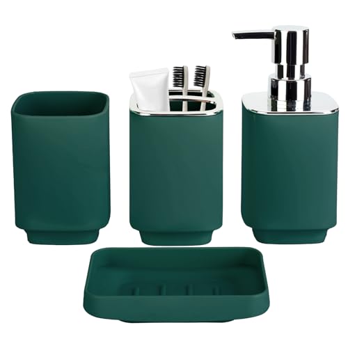 4Pcs Dark Green Bathroom Set, Square Boho Soap & Toothbrush Holder Set | Thick shatterproof ABS, electroplated rust-proof pump, drip-free, multi-slot holder, dustproof lids, easy-clean - color: Dark Green, size: 4PCS
