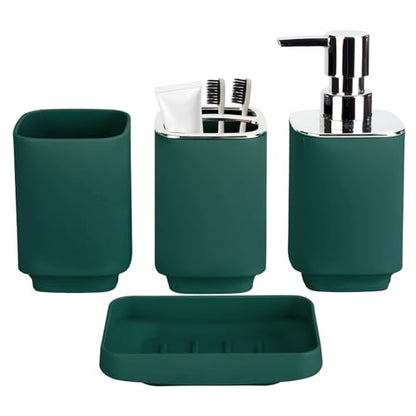 4Pcs Dark Green Bathroom Set, Square Boho Soap & Toothbrush Holder Set | Thick shatterproof ABS, electroplated rust-proof pump, drip-free, multi-slot holder, dustproof lids, easy-clean - color: Dark Green, size: 4PCS