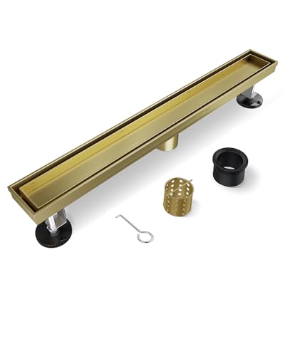 2-in-1 Titanium Gold Linear Shower Drain 24" with Tile Insert Grate | 304 Stainless Steel, Brushed, with Flat & Tile Insert Cover, Leveling Feet, for Bathroom, Kitchen, Remodel Shower, Tile Floor - color: Brushed Titanium Gold, size: 24IN