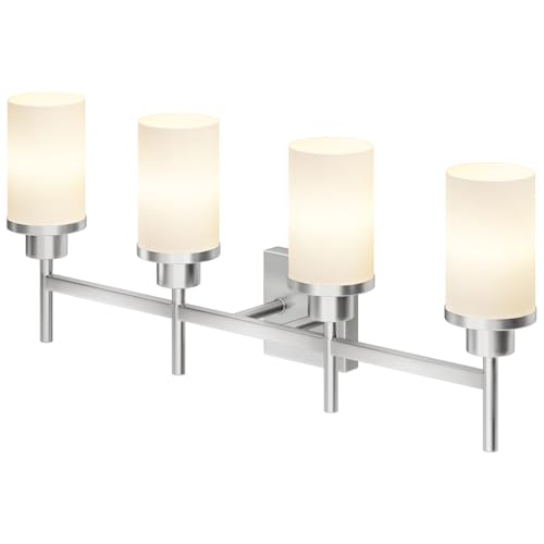 4-Light Vanity Lighting Fixtures with White Frosted Glass Shade, Brushed Nickel Bathroom Wall Lamps Over Mirror for Bath Restroom Kitchen T001BR-L4 - color: Brushed Nickel, size: 4-Light