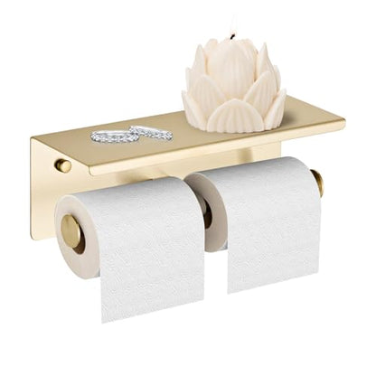 Brushed Gold Double Paper Holder with Shelf, Bathroom Toilet Roll Holder | Wall Mounted SUS 304 Stainless Steel Toilet Tissue Holder YIGUANXIN - color: Gold