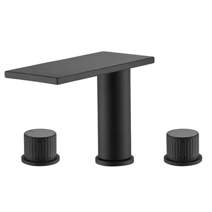 becola Black Bathroom Faucet 3 Hole, 8 inch Widespread Bathroom Faucet with Top Storage, Waterfall Bathroom Faucet，2-Handle Modern Vanity Faucet with Adjust Knobs and Two Supply Lines - color: Matte Black