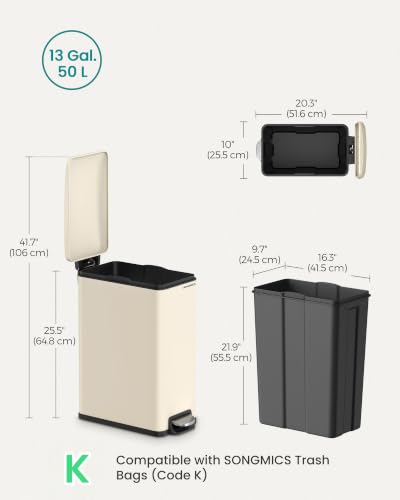 SONGMICS Slim Trash Can, 13-Gallon (50 L) Garbage Can for Narrow Spaces with Soft-Close Lid, Inner Bucket, and Step-on Pedal, Stainless Steel, 15 Trash Bags Included, Sand Beige ULTB510A01 - color: Sand Beige, style: 13 Gal.
