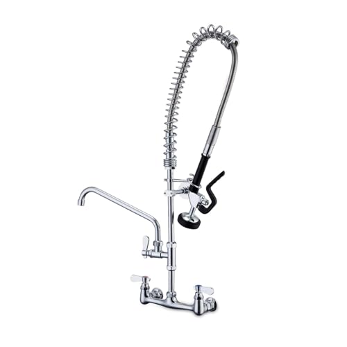 Commercial Sink Faucet with Sprayer 36 Inches Height Wall Mount Kitchen Sink Faucet with Pull Down Pre-Rinse Sprayer and 12" Swivel Spout 8 Inch Center for Compartment Sink - size: Wall 36 Inches