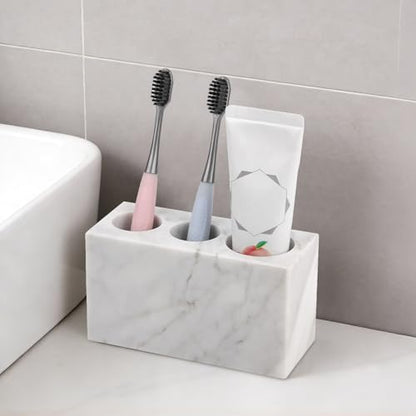 Natural Marble Toothbrush Holder, Carrara White, 3 Slots | Large Bathroom Organizer Countertop, Ventilation Design, Stone Toothbrush and Toothpaste Stand, Non-Slip Silicone Pads - color: Carrara White, size: 3 Slots