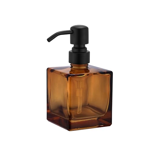 Square Bathroom Soap Dispenser Amber Bottle with Black Pump, Retangle Cube 8.4 oz Glass Bottles with Stainless Steel Pump Hand Liquid Soap Dispenser Kitchen - color: Amber Bottle + Black Pump