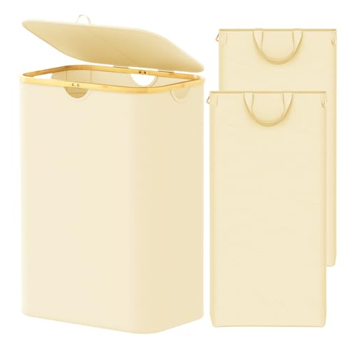 SpaceAid Double Laundry Hamper 2 Section with Lid and Removable Laundry Bags, 160L Clothes Basket with Bamboo Handles, Large Collapsible Hamper for Bedroom, Bathroom, Dorm, Laundry Room - Beige - color: Beige, size: 160 L