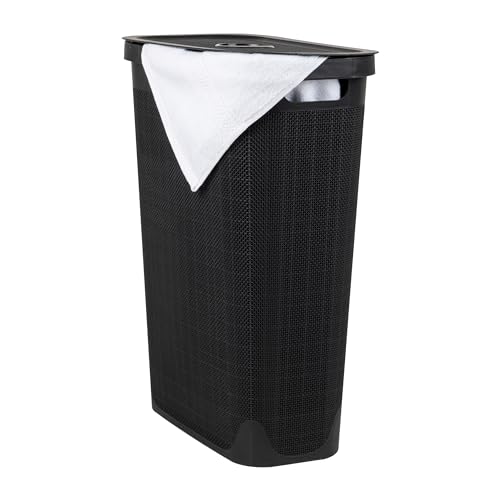 Mind Reader Slim Laundry Hamper with Lid, 40L Clothes Basket, Linen Design, Plastic, Black - color: Black