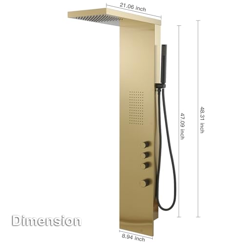 Brushed Gold Shower Panel Tower System Bathroom Wall Mount | Rain Shower Head with Body Jet Massage and Rainfall Hand Shower,High Pressure Large Area,Flexible Shower Hose,Stainless Steel - color: Brushed Gold, style: Shower Panel-Standard